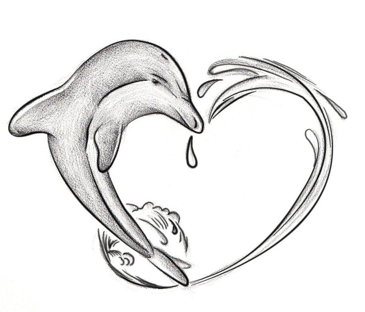 Grey-ink dolphin and water splash forming a heart tattoo design