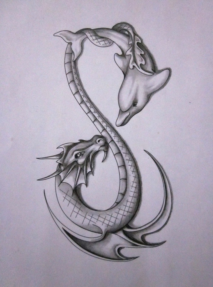 Grey-ink dragon and dolphin infinity tattoo design by Itldesign