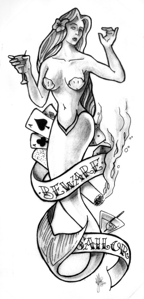 Grey-ink drunk mermaid with cards and banners tattoo design by Mvrh