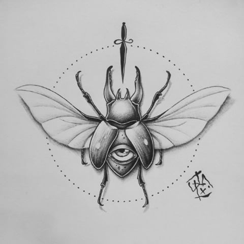 Grey-ink eye-printed bug tattoo design