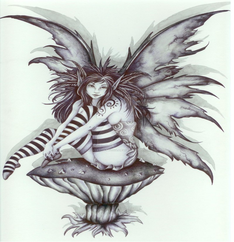 Grey-ink fairy in striped stockings sitting on a mushroom tattoo design by White 2 Tattoo 4