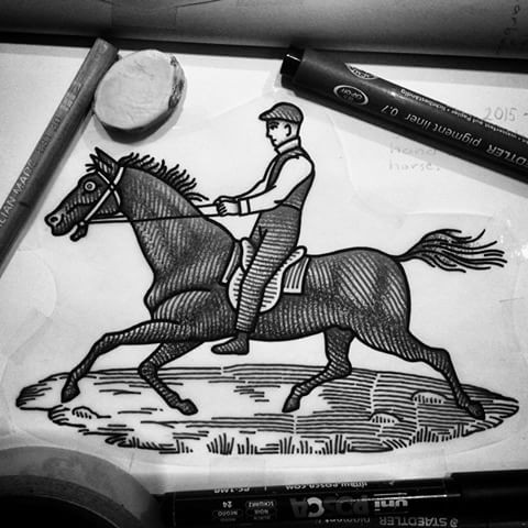 Grey-ink farmer riding a horse tattoo design