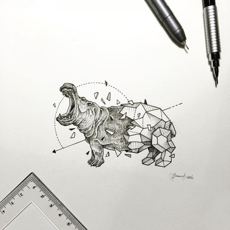 Grey-ink geomatric roaring hippo tattoo design