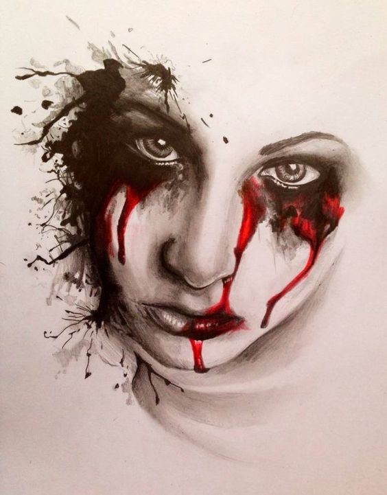 Grey-ink girly vampire face in bloody smudges tattoo design