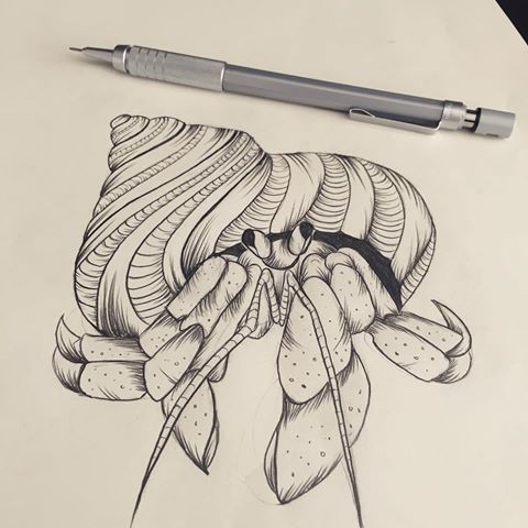 Grey-ink hermit crab with beautiful striped shell tattoo design
