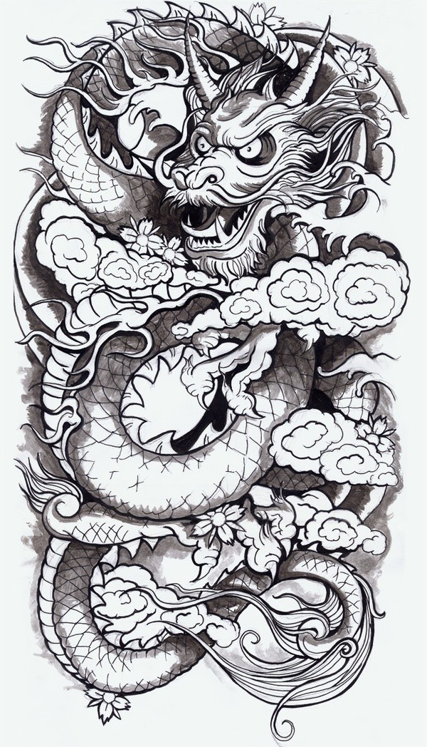 Grey-ink horned dragon devil in smoke with cherry blossom tattoo design