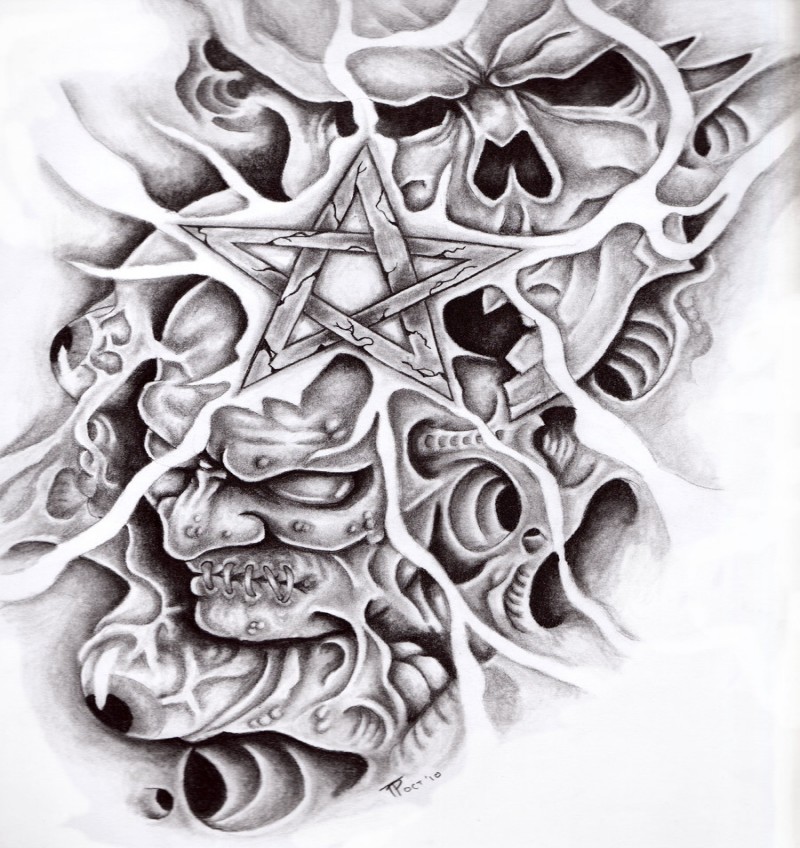 Grey-ink horror demon skulls with a david star tattoo design