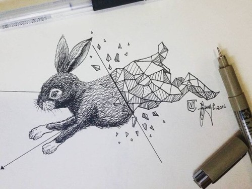 Grey-ink hurried half-geometric rabbit tattoo design