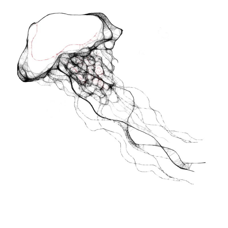 Grey-ink jellyfish with red line elements tattoo design