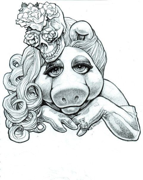 Grey-ink lady pig with urly hair and skull tattoo design