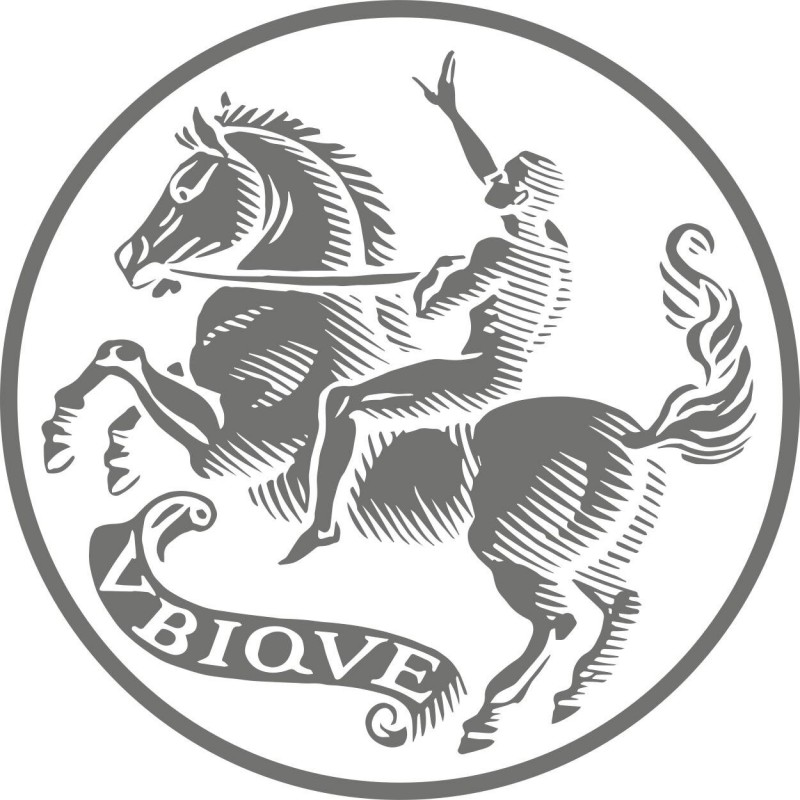 Grey-ink man riding a pegasus with a banner in a circle tattoo design
