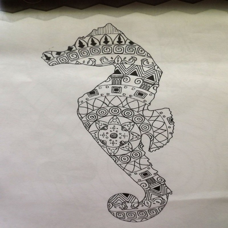 Grey-ink mandala-printed seahorse tattoo design by SM029