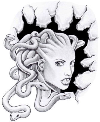 Grey-ink medusa gorgona head on wall scratches background tattoo design by Danestes