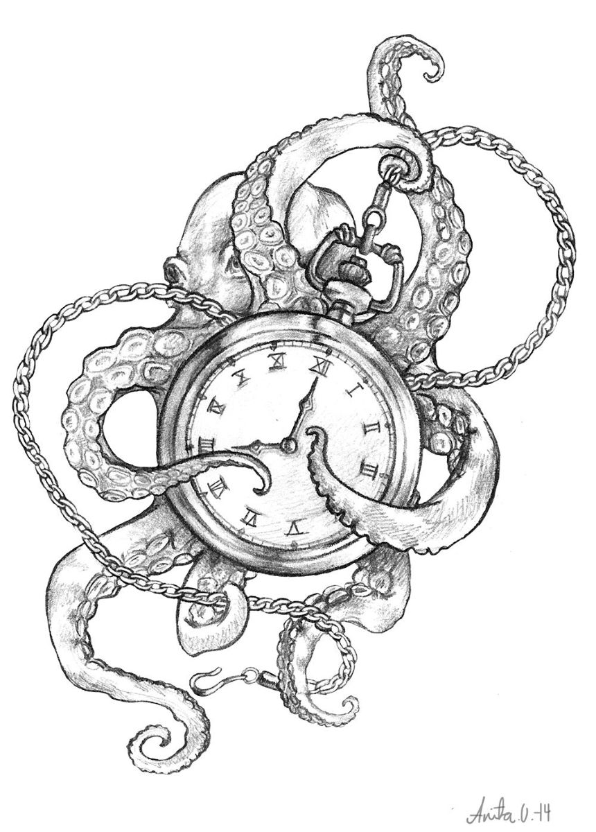 Grey-ink octopus keeping his chained clock tattoo design