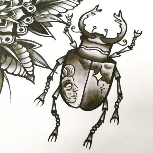 Grey-ink old school bug with girl and cloudy sky print tattoo design