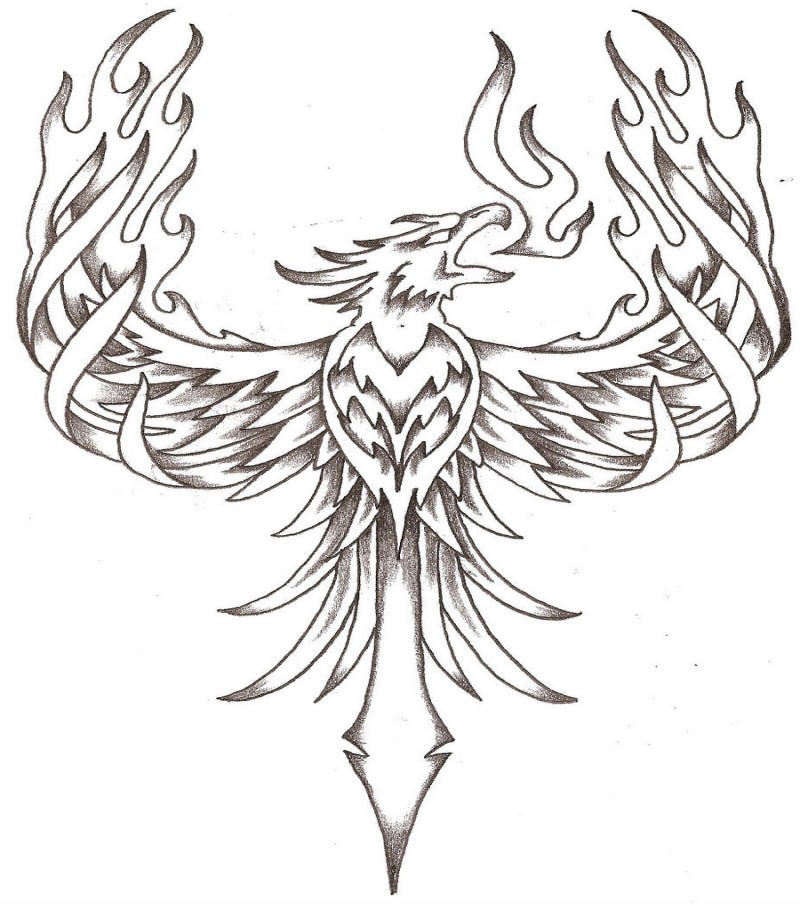 Grey-ink phoenix breathing with fire tattoo design by Thelob