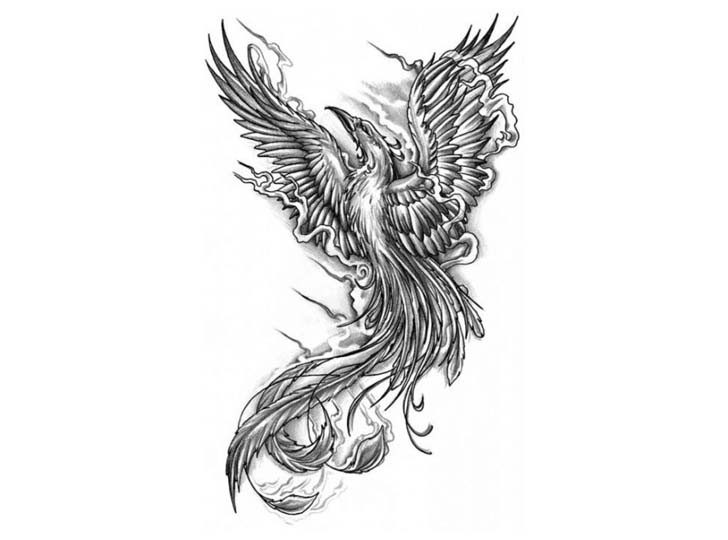 Grey-ink phoenix flying in curly smoke tattoo design