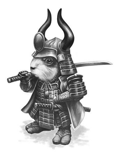 Grey-ink rodent warrior in chinese armour tattoo design