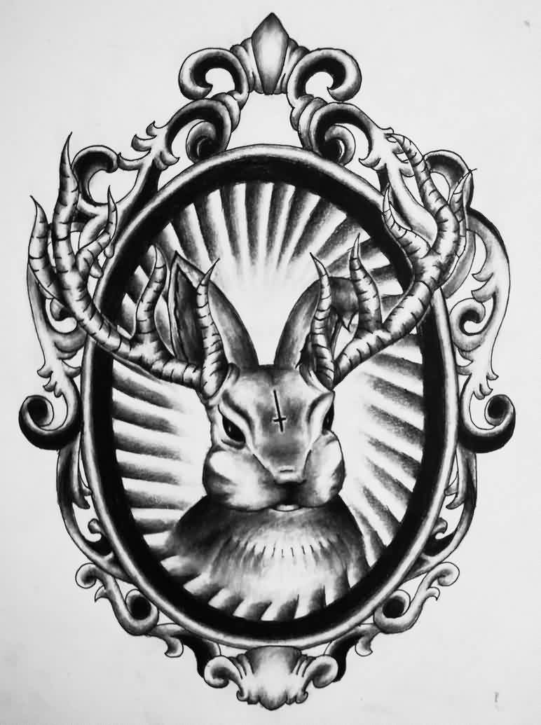 Grey-ink satanic rabbit portrait in mirror frame tattoo design