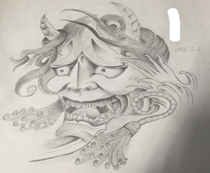 Grey-ink screaming devil in japanese style tattoo design