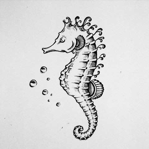 Grey-ink seahorse with bubbles tattoo design