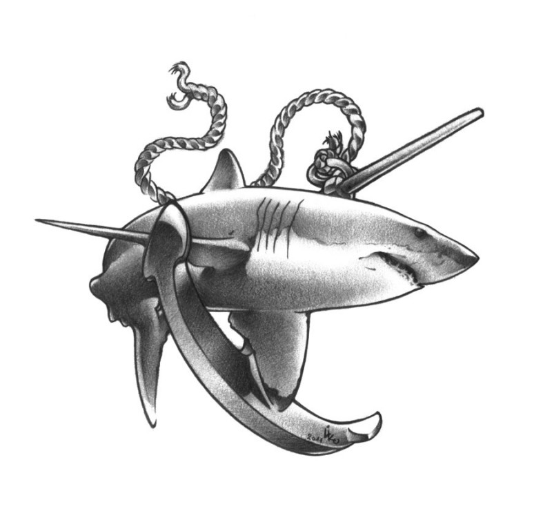 Grey-ink shark and anchor tattoo design by Lionel K