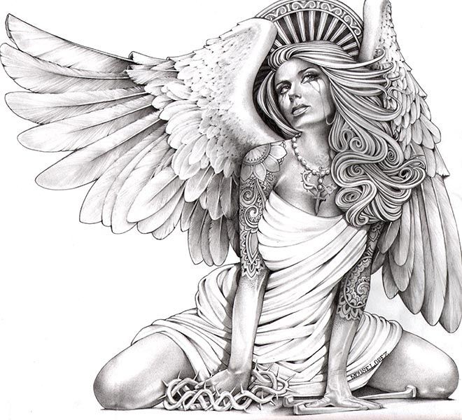 Grey-ink sitting tattooed angel gilr with a thorned wreath in a hand tattoo design