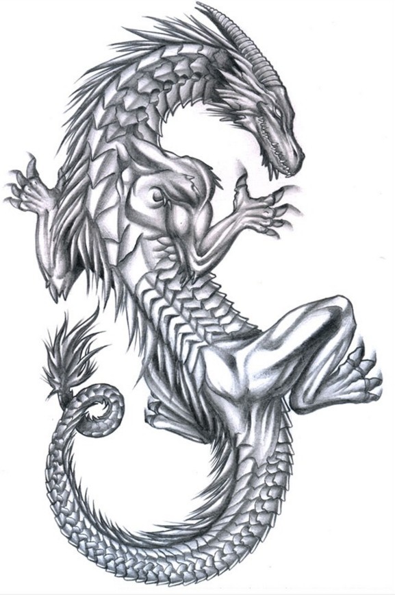 Grey-ink smiling climing demon dragon tattoo design