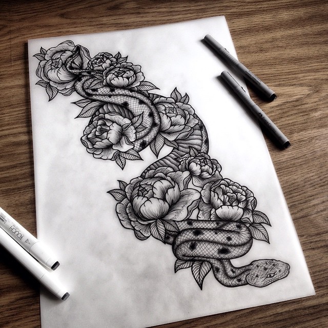 Grey-ink snake and big peony buds tattoo design