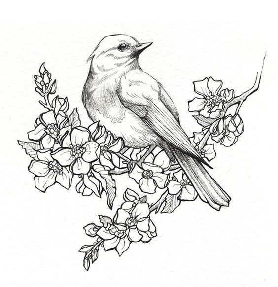 Grey-ink sparrow and densly flowered branch tattoo design