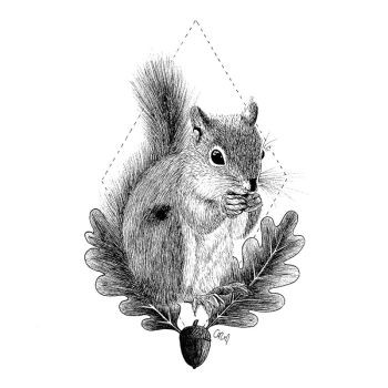 Grey-ink squirrel with oak leaves and acorn on geometric background tattoo design