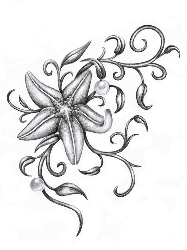 Grey-ink starfish with curled weeds and pearls tattoo design