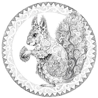 Grey-ink swirly-patterned squirrel with acorn in circle tattoo design