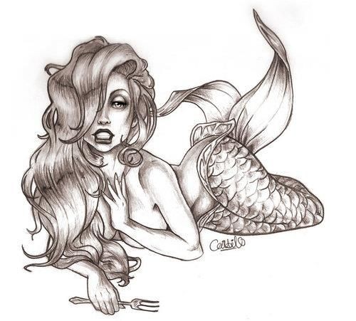 Grey-ink tempting lying mermaid tattoo design