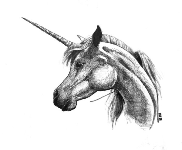 Grey-ink unicorn head turn to the left tattoo design by Endraven