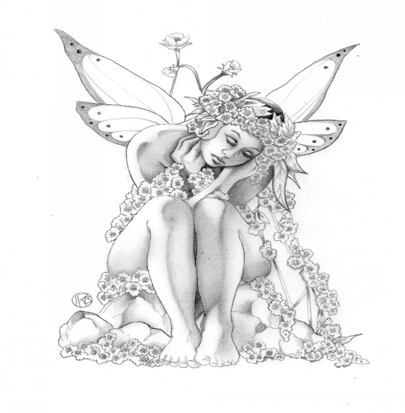 Grey-ink upset fairy sitting in flowers tattoo design