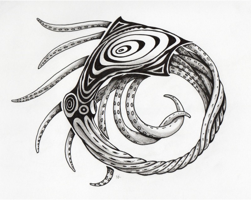 Grey-ink uroboros-style water animal tattoo design by Cow41087