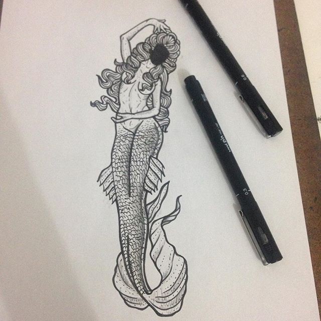 Grey-ink vertical faceless mermaid tattoo design