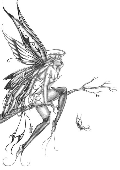 Grey-ink weariful fairy sitting on tree branch tattoo design