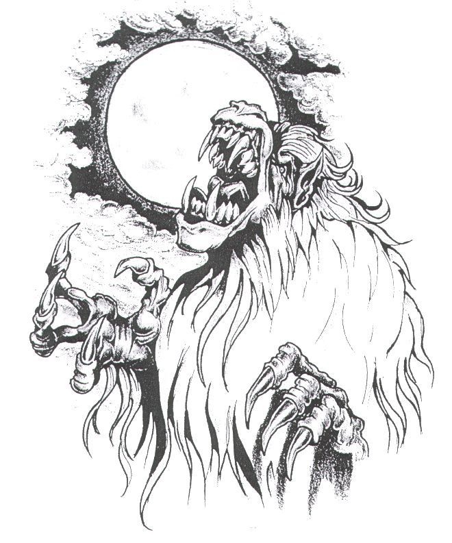 Grey-ink werewolf with fluffy mane howling on full moon tattoo design