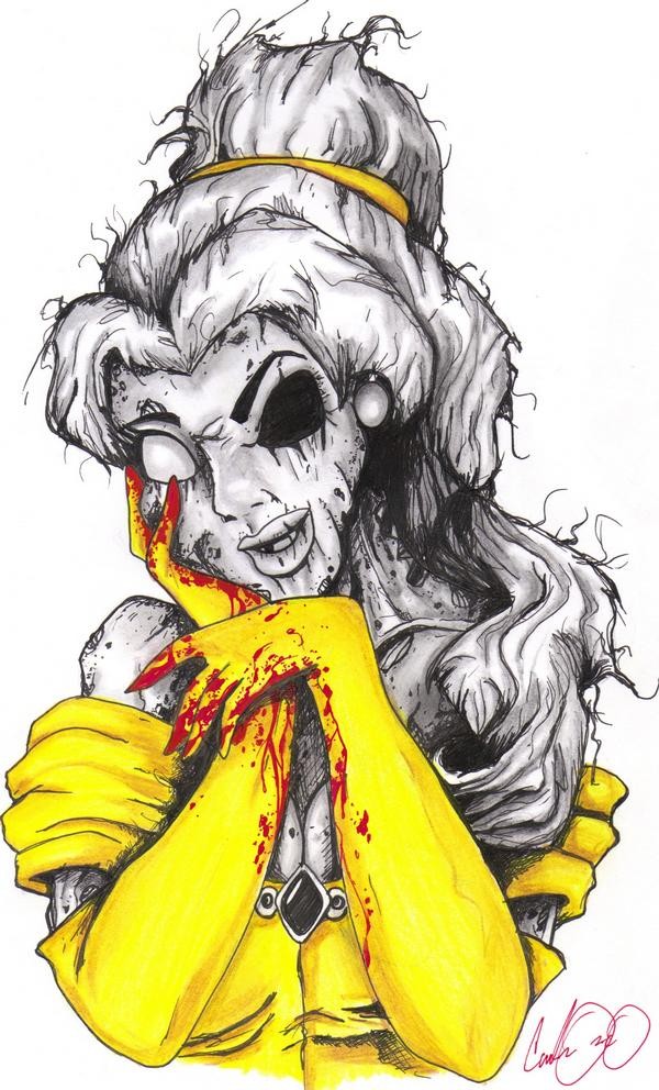 Grey-ink zombie Cinderella in yellow dress and gloves tattoo design by Deadlead