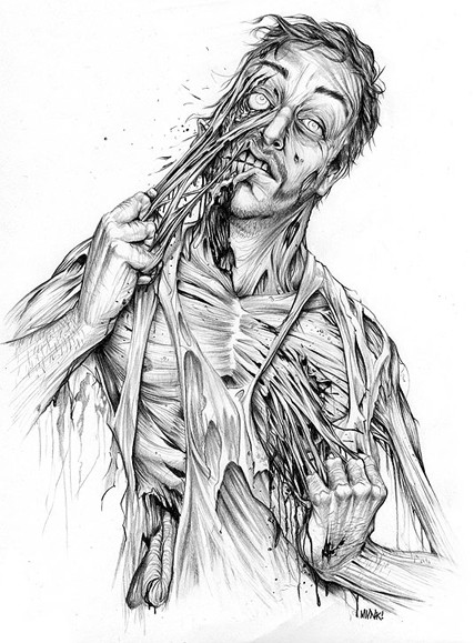Grey-ink zombie man tearing his skin tattoo design