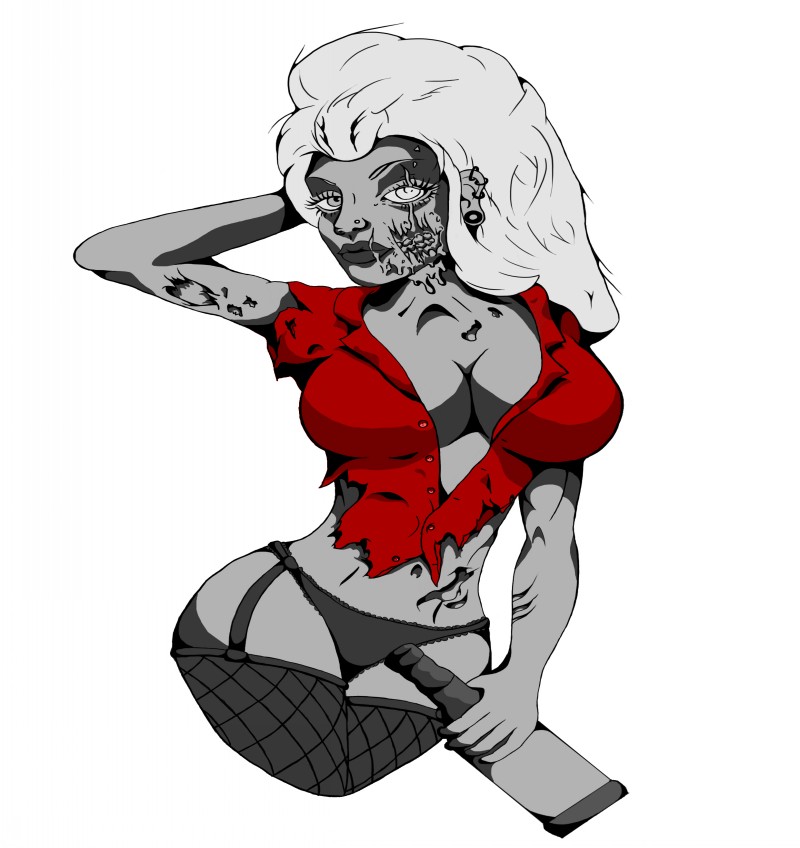 Grey-skin zombie girl in a bright red shirt tattoo design by Back Flip Wolf