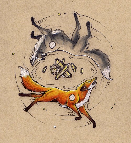 Grey and red foxes running by circle tattoo design