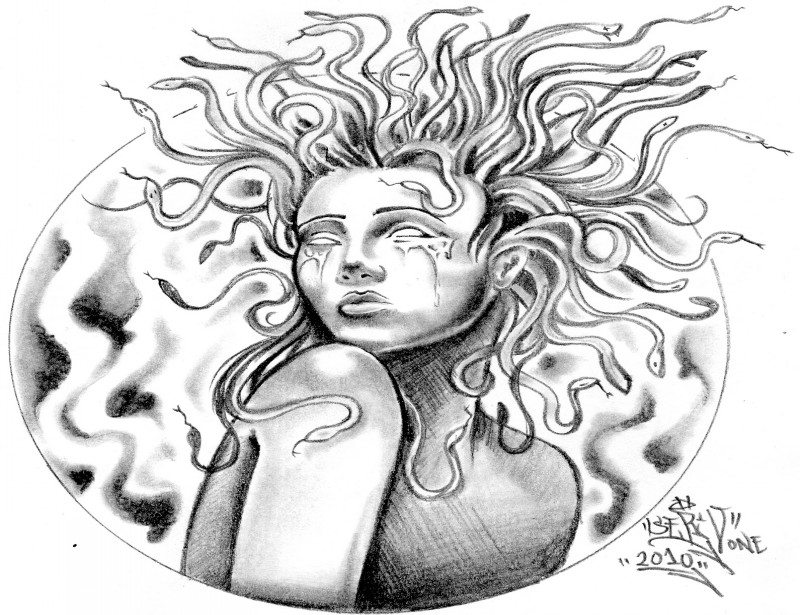 Grey blind-eyed crying medusa gorgona in flaming circle frame tattoo design