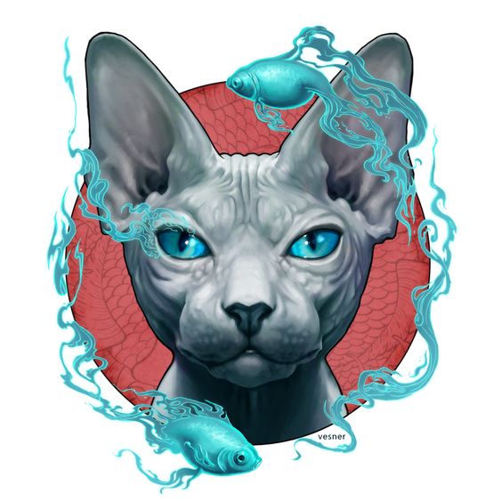 Grey blue-eyed sphynx cat in blue smoke tattoo design