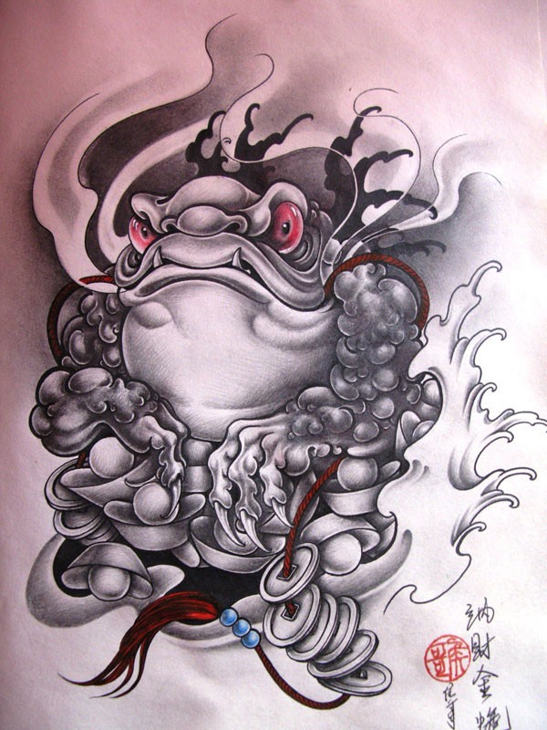 Grey chinese-style frog with bunch of coins tattoo design