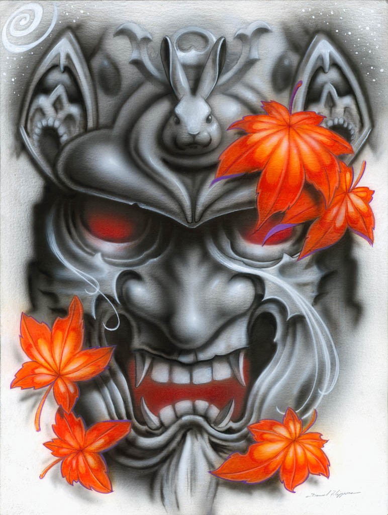 Grey demon with red eyes and falling maple leaves tattoo design