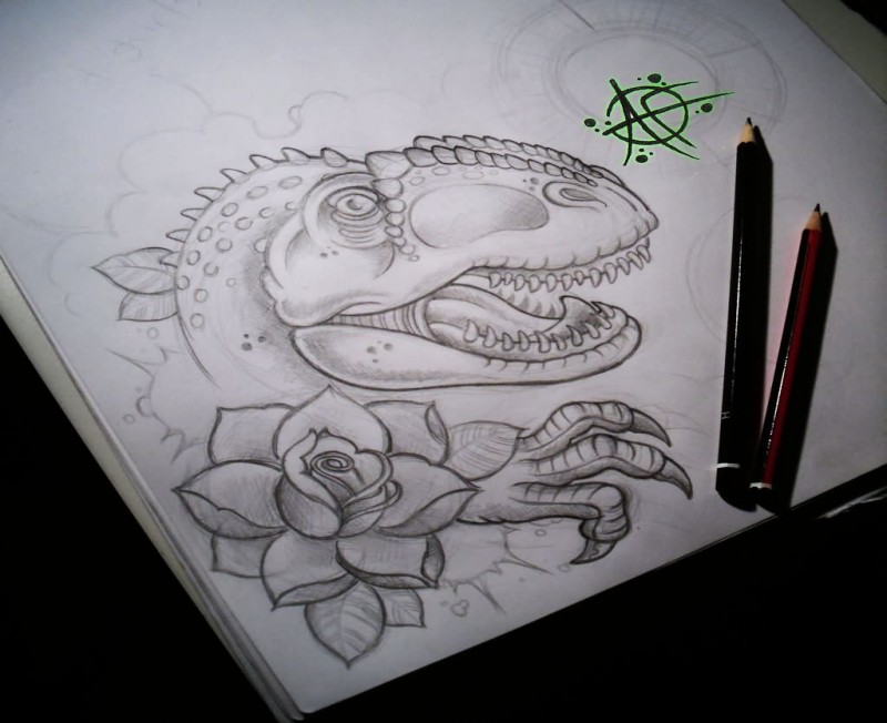 Grey dinosaur portrait with rose tattoo design