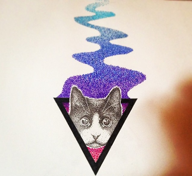 Grey dotwork cat muzzle and blue swirly way tattoo design
